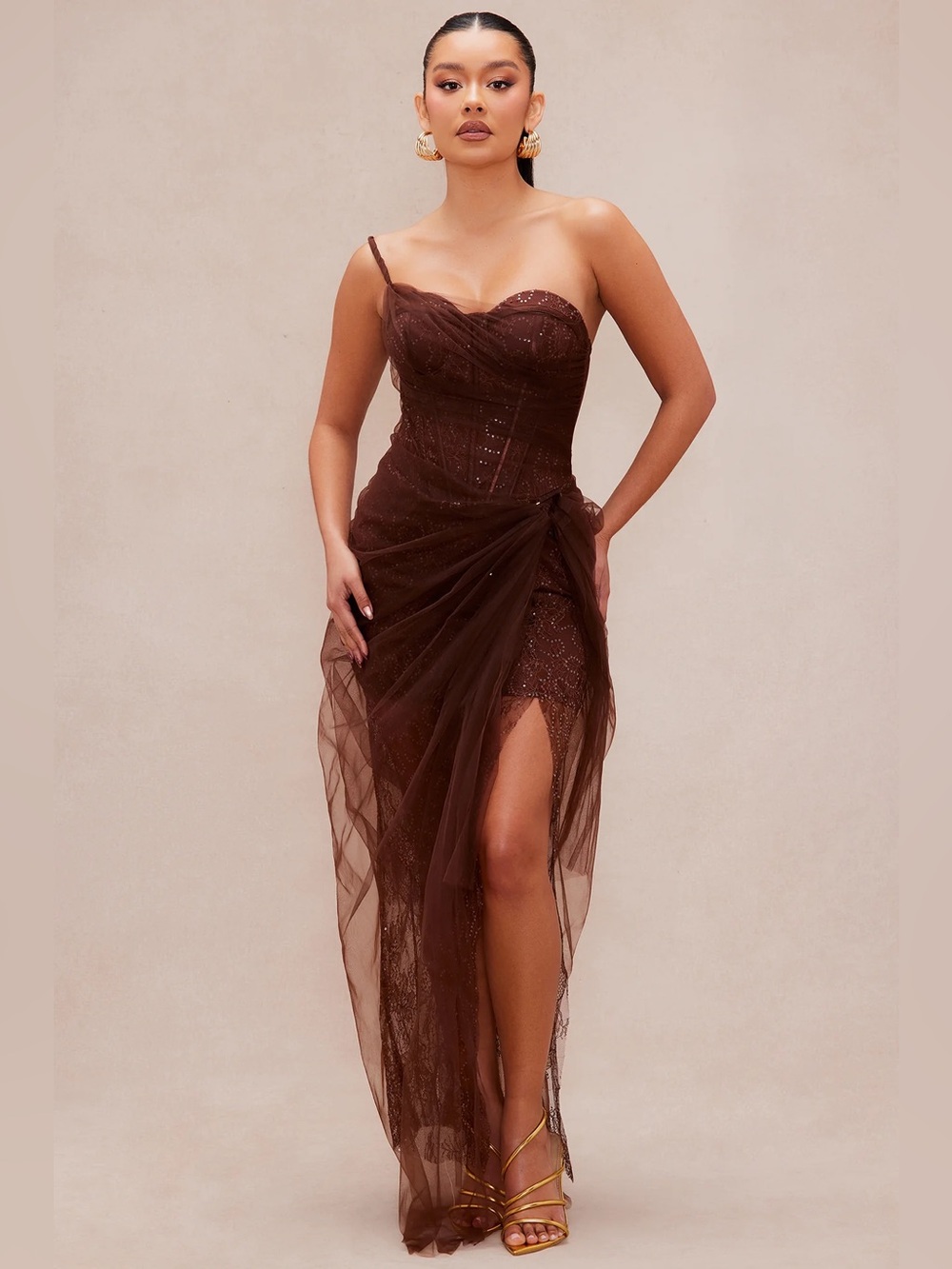 Fashion Nova One-Shoulder Chocolate Brown Tulle Gown NWT size 10/12